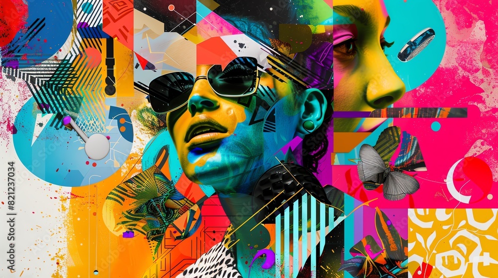 Poster colorful abstract digital art with diverse patterns, faces, and geometric shapes, creating an energe
