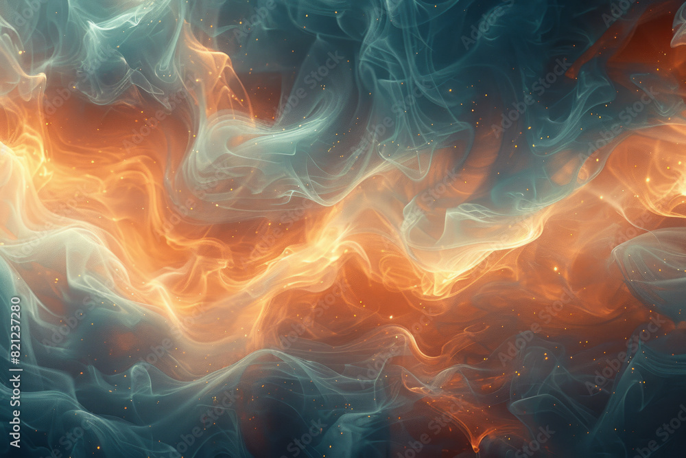 Poster an abstract representation of the primordial soup, with swirling particles and energy coalescing int