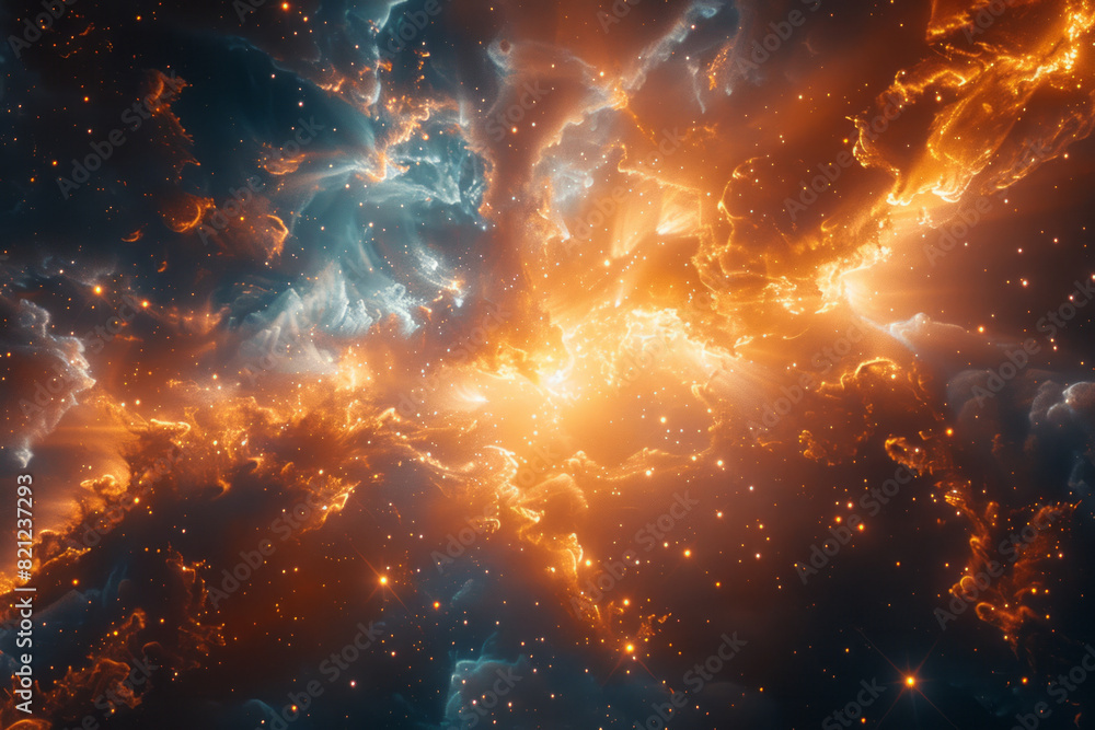 Poster a chaotic burst of energy and matter, gradually forming patterns and structures that hint at the cre