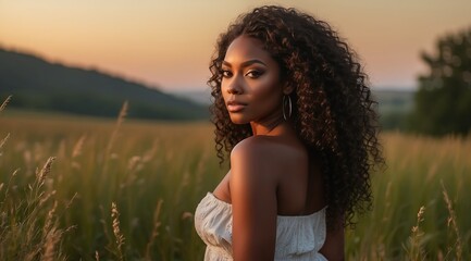 Obraz premium Beautiful attractive black woman model in meadow at sunset