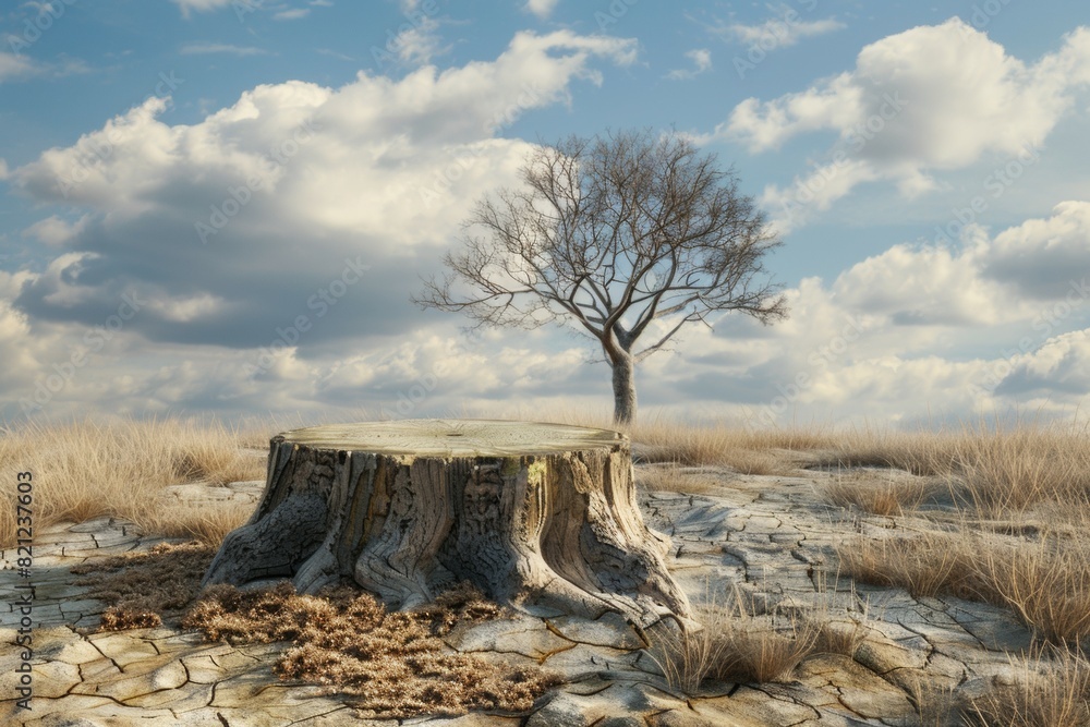 Poster stump from felled tree in drought concept. record summer heat. background of the consequences of env