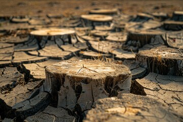 Stump from felled tree in drought concept. Record summer heat. Background of the consequences of environmental problems
