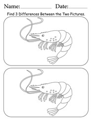 Shrimp Puzzle. Printable Activity Page for Kids. Educational Resources for School for Kids. Kids Activity Worksheet. Find Differences Between 2 Shapes
