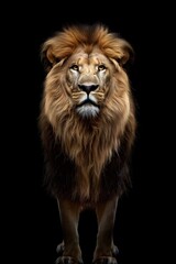 Fototapeta premium Powerful Lion with Intense Gaze on Black Background