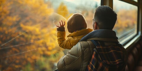 A father and child look out the window of a train observing the fall foliage, sharing a moment of...