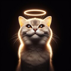 Obraz premium smiling cat with a sly expression and a glowing halo above its head Isolated on black background