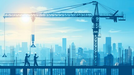 Obraz premium A crane and workers outlined against a city skyline, abstract , background