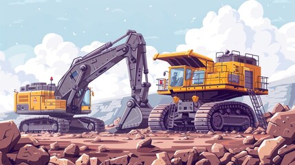 mining equipment operation flat design top view excavation process cartoon drawing colored pastel