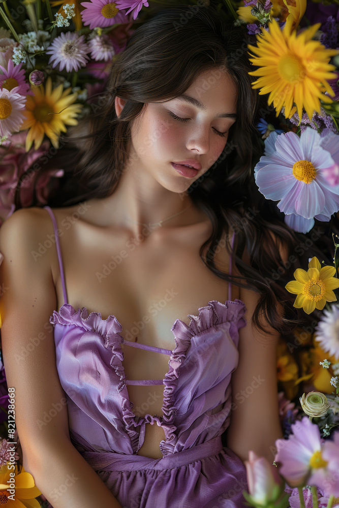 Wall mural a goddess resting in a bed of flowers, her dreams causing the petals to bloom into vibrant, new real