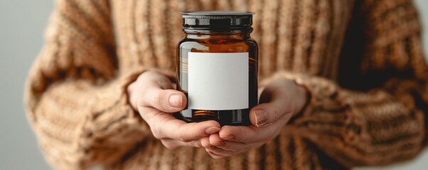 A symbolic banner concept showing a woman's hands holding a glass jar with coins and a blank white label, illustrating the theme of financial planning and saving for the future