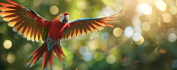 Experience the freedom of flight with a colorful parrot, its wings spread wide against an abstract tropical rainforest backdrop with sunlight filtering through