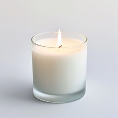 White Scented Candle in Glass Jar Lit Isolated on a White Background. Generative AI.