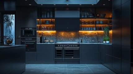 A black kitchen, at night, with moonlight coming in from outside the window, front view. Generative AI.
