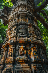 Fototapeta premium A giant tree with a trunk covered in intricate carvings and symbols, representing the stories and wisdom of all the world's cultures.