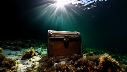 sunlight filters through an ancient underwater scene highlighting a mysterious sunken treasure chest