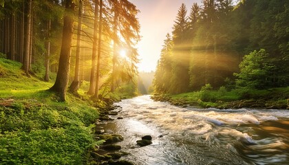 river in the green forest with sun rays generated by ai tool