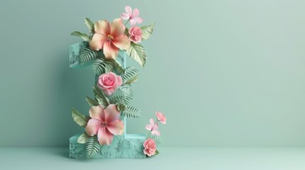 3D number "1" with pastel colored flowers and leaves on a light green background, minimal concept, copy space for text, studio