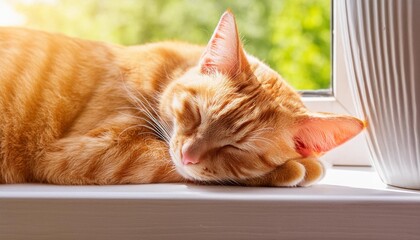 cute ginger cat lying on the windowsill cat sleeping on windowsill in sunlight