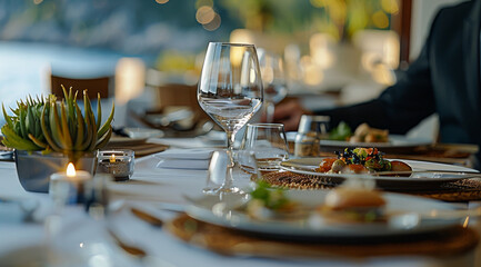 A private business trip to a culinary destination, with the businessman indulging in gourmet dining experiences after successful meetings. Generative AI.