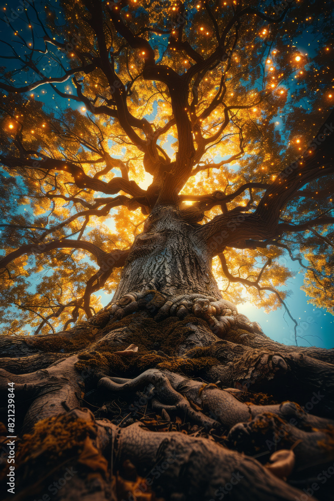 Poster the world tree with a network of glowing veins running through its trunk and branches, symbolizing t