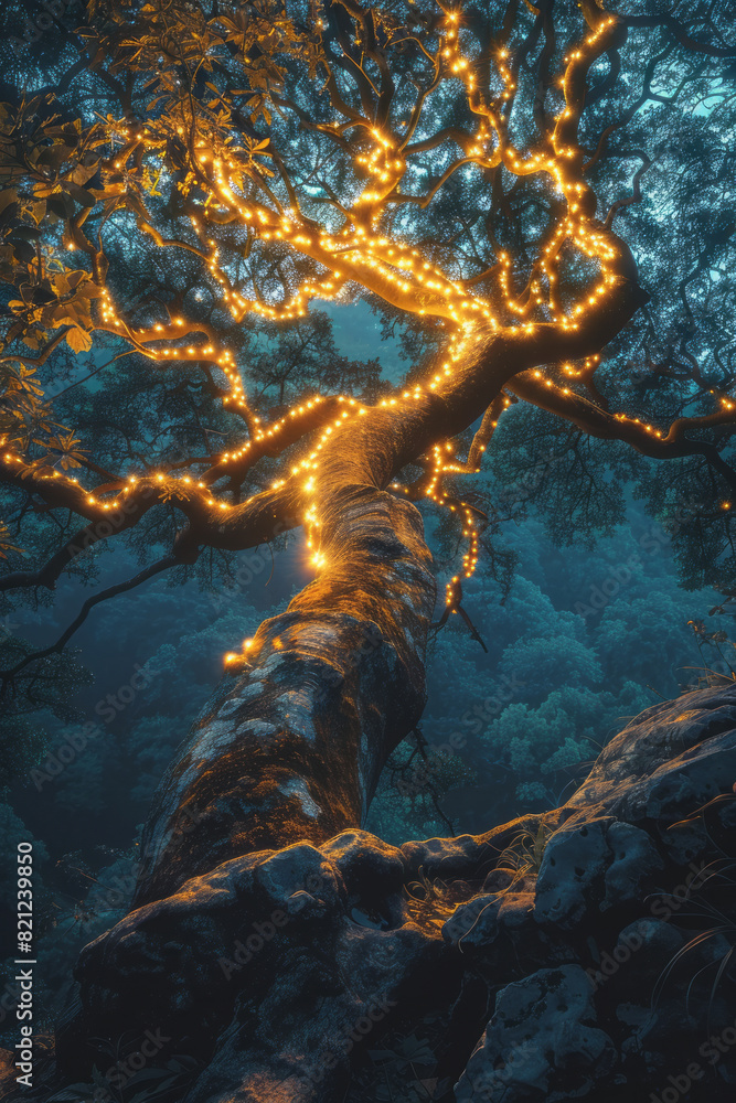 Aufkleber the world tree with a network of glowing veins running through its trunk and branches, symbolizing t