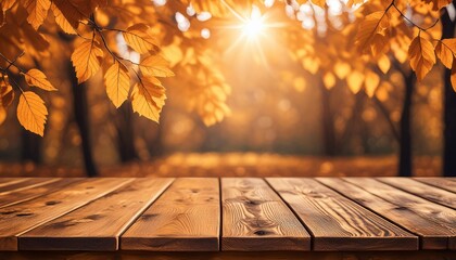 wooden table with orange leaves autumn background