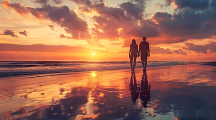 Fototapeta premium Couple walking on the beach at sunset. The romantic scene captures the silhouettes of the couple against the vibrant colors of the setting sun.