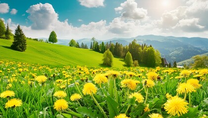 a charming meadow filled with vibrant green grass and yellow dandelion flowers