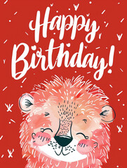 Lion and Happy Birthday Calligraphy on Red, celebration, greeting card, festive