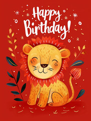 Lion and Happy Birthday Calligraphy on Red, celebration, greeting card, festive