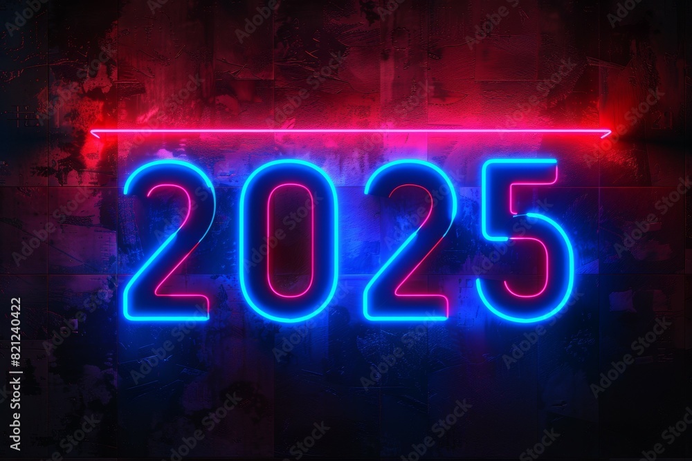 Poster neon numbers 2025 on the wall. background with selective focus and copy space