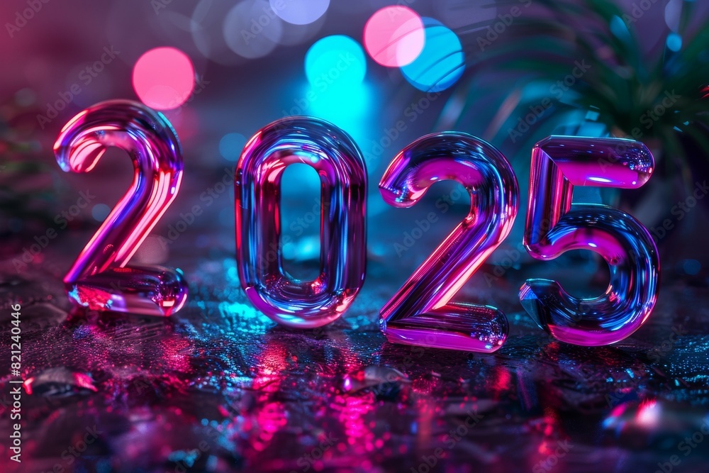 Poster a person is pointing at a graph that shows a line going up and the year 2025