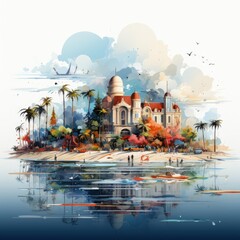 a painting of a city with a lake in the background