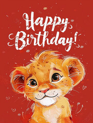 Lion and Happy Birthday Calligraphy on Red, celebration, greeting card, festive