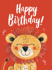 Lion and Happy Birthday Calligraphy on Red, celebration, greeting card, festive