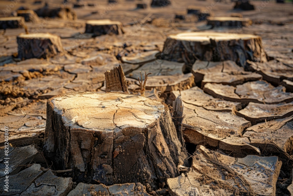 Poster stump from felled tree in drought concept. record summer heat. background of the consequences of env