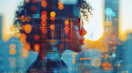 An academically outstanding student receives a top award for a science fair project, inspiring and commendable image of a double exposure silhouette with science fair displays. Generative AI.