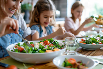 Naklejka premium close up of happy family sitting at table enjoying a lunch together with a bowl of salad at home