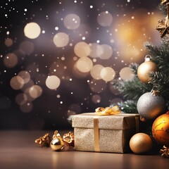 Festive holiday scene with decorated Christmas tree, elegant gift box, and sparkling bokeh lights, perfect for seasonal celebrations.