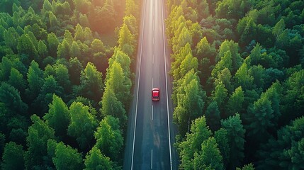 Aerial top view eco car on forest road. Ecosystem ecology healthy environment road trip travel, Eco car with nature, Electric car and earth EV electrical energy for environment.