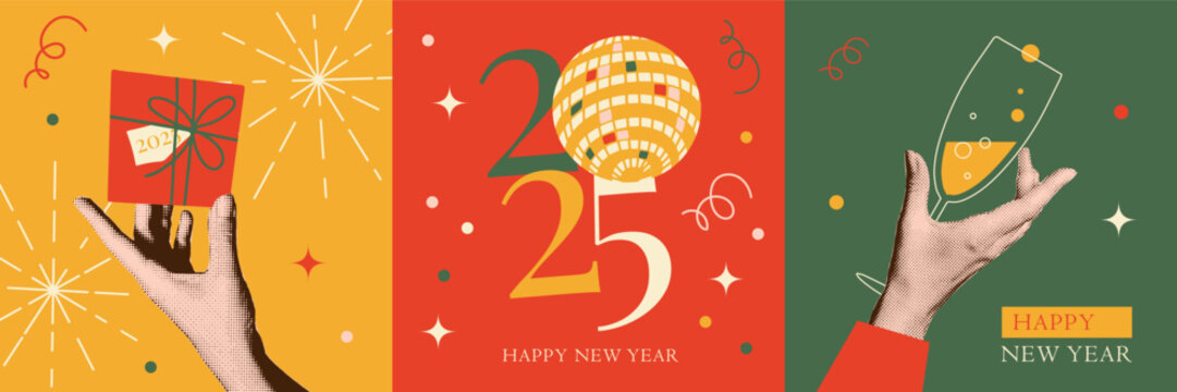2025 Happy new year cards with Hands holding Giftbox, glass of champagne. Trendy halftone collage art. Vintage muted Design for poster, banner or greeting card. Vector flat Illustration