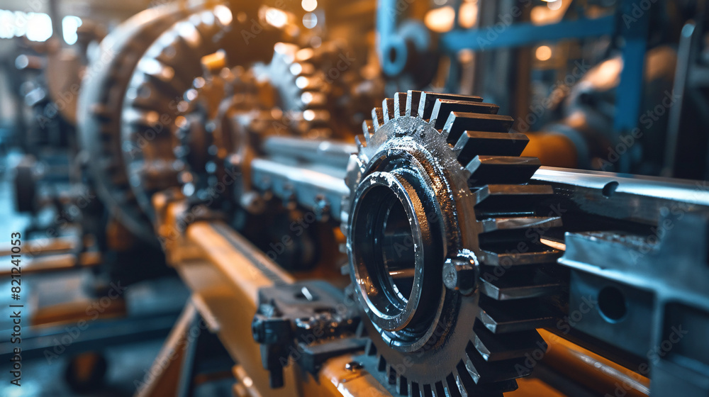 Poster industrial gears in a factory setting. close-up of metallic gears in an assembly line, emphasizing m