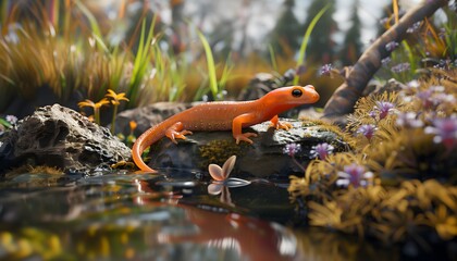 Fototapeta premium Orange Salamander on Mossy Rock by Reflective Pond