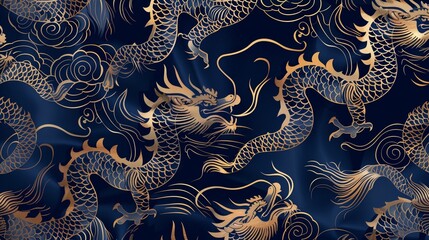 a sophisticated, seamless geometrical animal pattern featuring the silhouettes of majestic, fantastic dragons, drawing inspiration from ancient Chinese ethnic motifs.