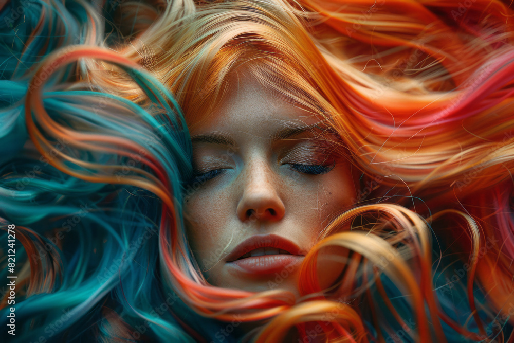 Aufkleber a cascade of hair that flows like a river of colorful ribbons, intertwining and creating a tapestry 