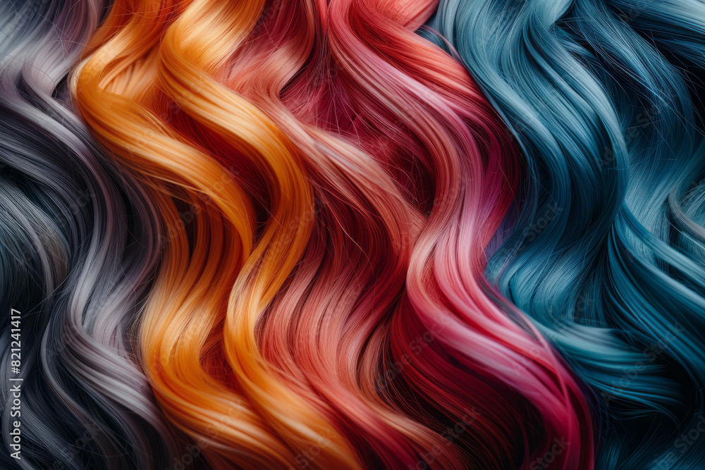Poster a cascade of hair that flows like a river of colorful ribbons, intertwining and creating a tapestry 
