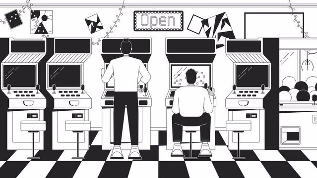 Play arcade machines bw lo fi animated background. Vintage gaming 80s retro lofi aesthetic wallpaper cartoon animation. Friends gamers arcade videogame monochrome linear chill 4K video motion graphic