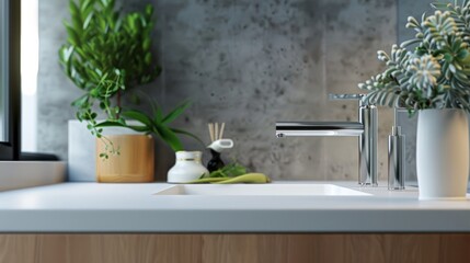 side of the white counter, showing the integration of the sink and faucet into the overall design. generative ai