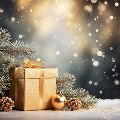 Golden gift box with bow and ornaments on snowy surface, festive Christmas background with pine cones and lights.