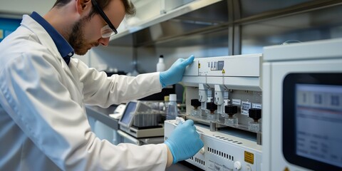 A scientist in a lab coat and gloves is operating analytical equipment in a laboratory setting, showcasing scientific research